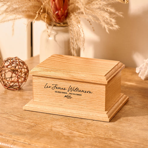 Personalised wooden urn for stillborn - infant loss urn - made from solid oak and by Thicket Memorials UK