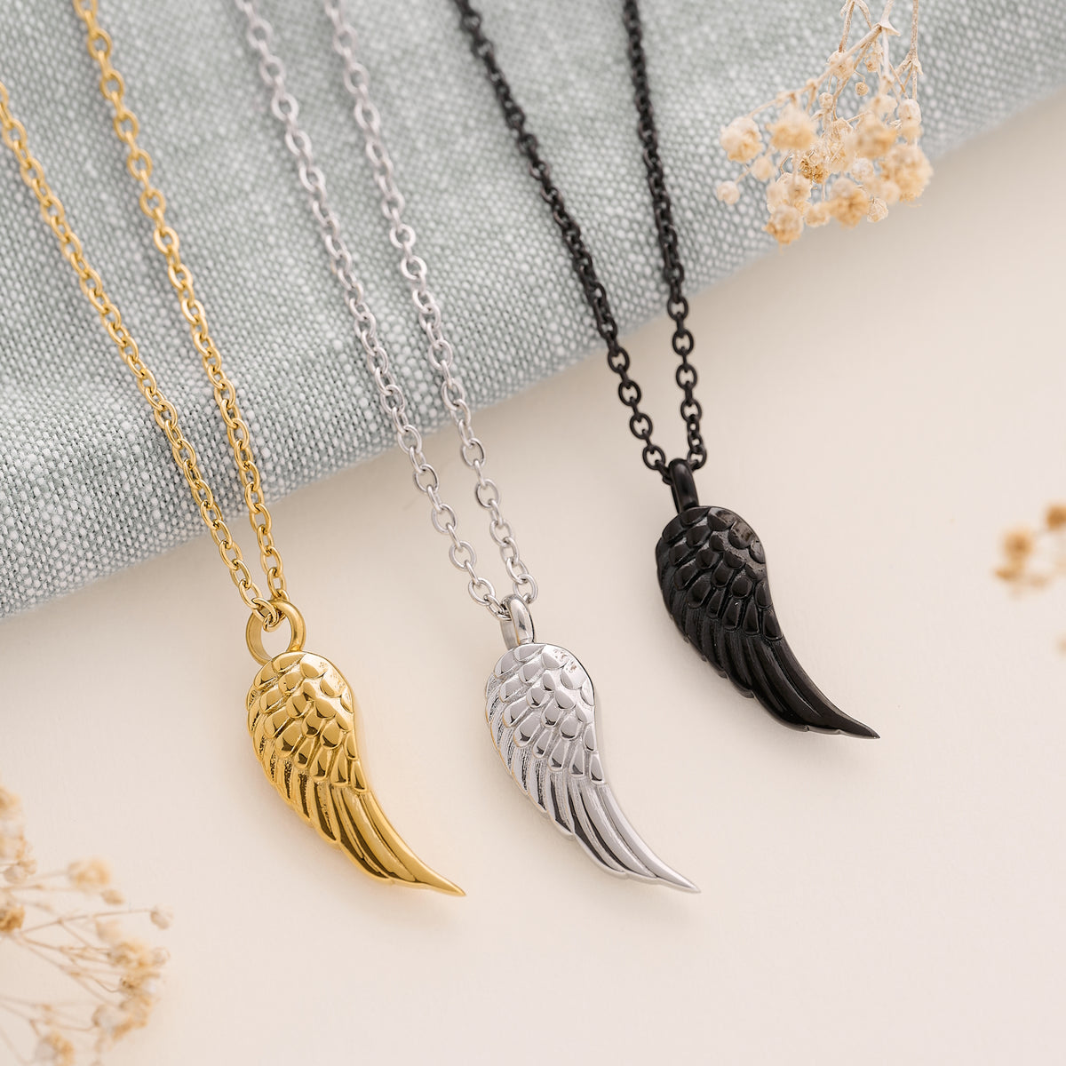 Angel Wing Cremation Necklace for Men in Stainless Steel, gold and black finish