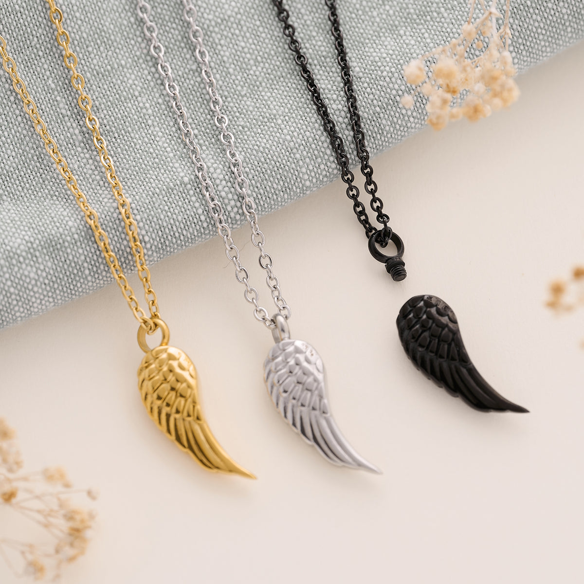 Memorial Jewellery for Men - Angel Wing Ashes Necklace with opening for ashes