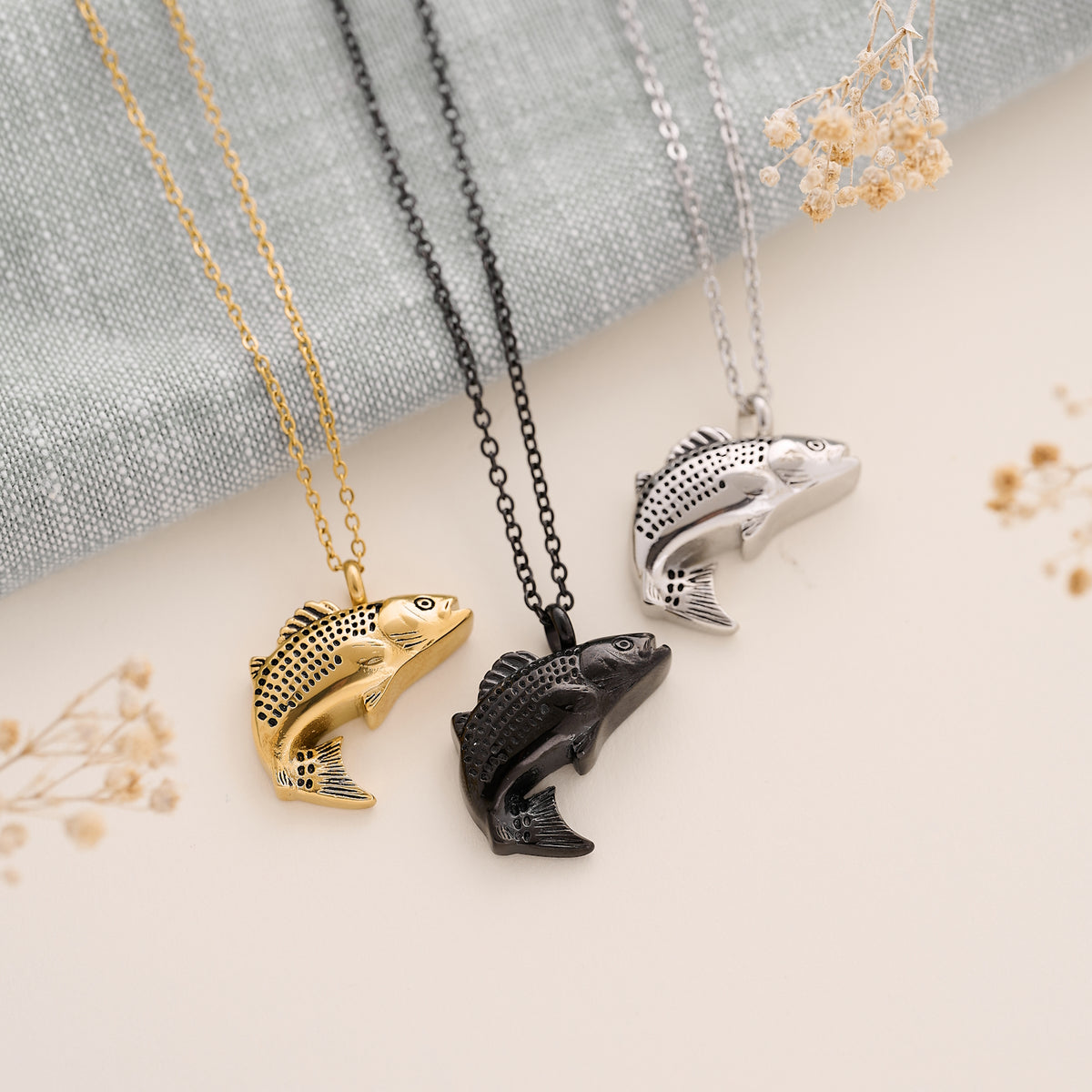 Fishing Ashes Cremation Urn Necklace in Stainless Steel, gold, satin black and sterling silver