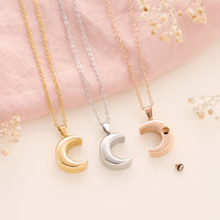 Women’s Moon Cremation Urn Necklace in silver, gold and rose gold