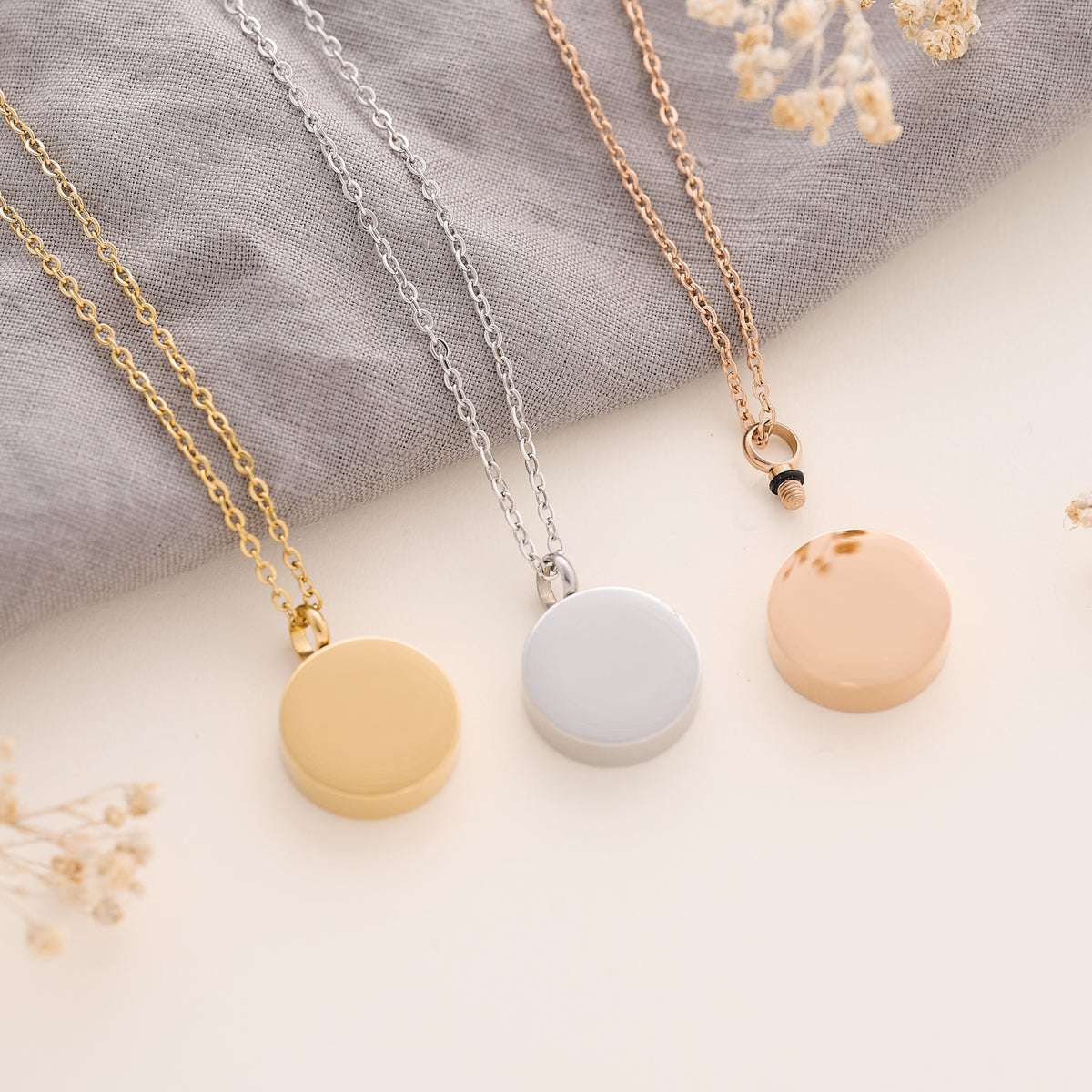 Women’s Circle Memorial Necklace for Ashes in sterling silver, gold and rose gold