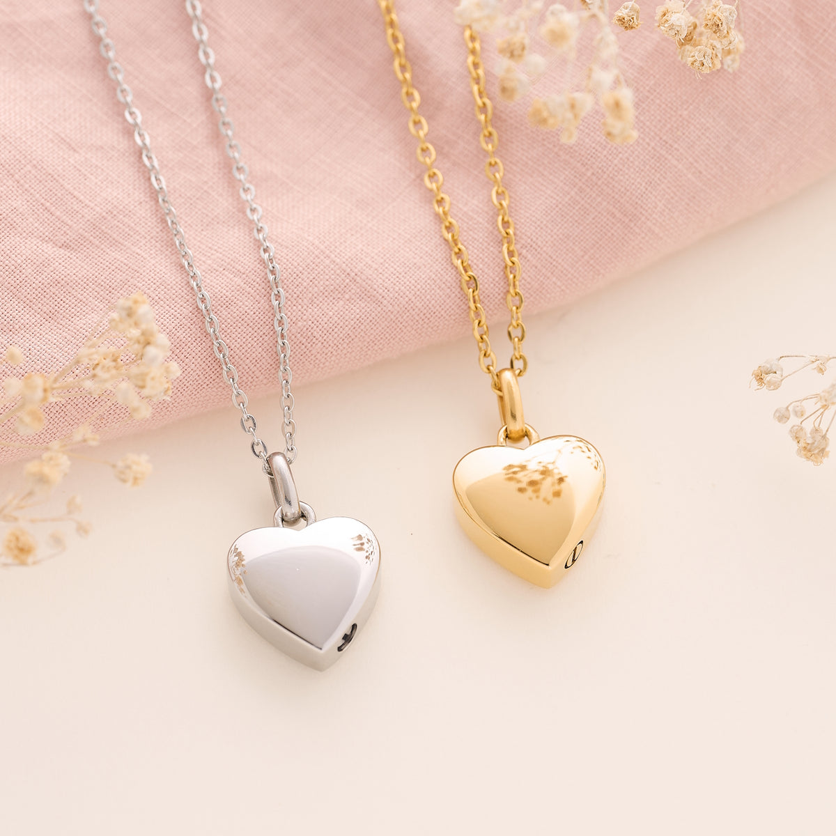 Heart Memorial Necklace for Ashes in gold and sterling silver