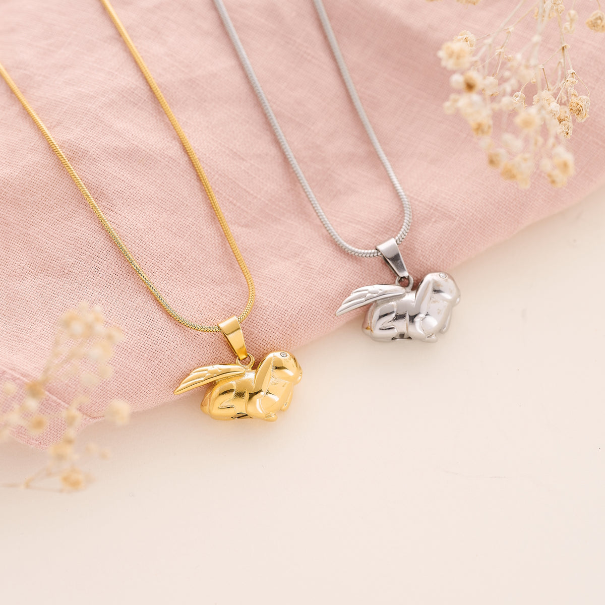 Pet Memorial Jewelry Rabbit Design in silver and gold.