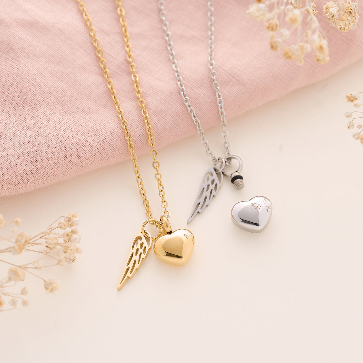 Cremation Necklace with Heart and Wing Design