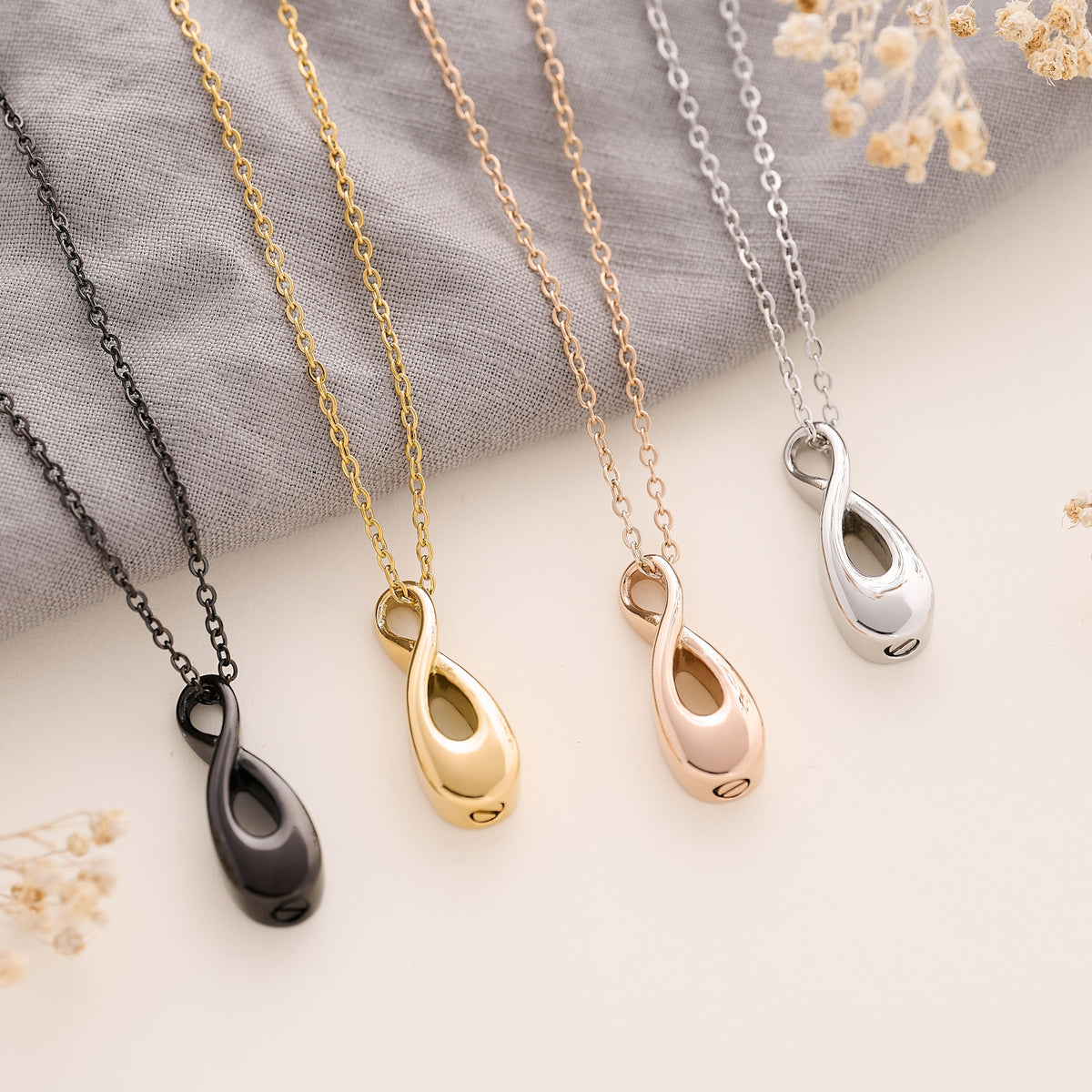 Infinity Ashes Necklace for Remembrance in black, gold, silver or rose gold