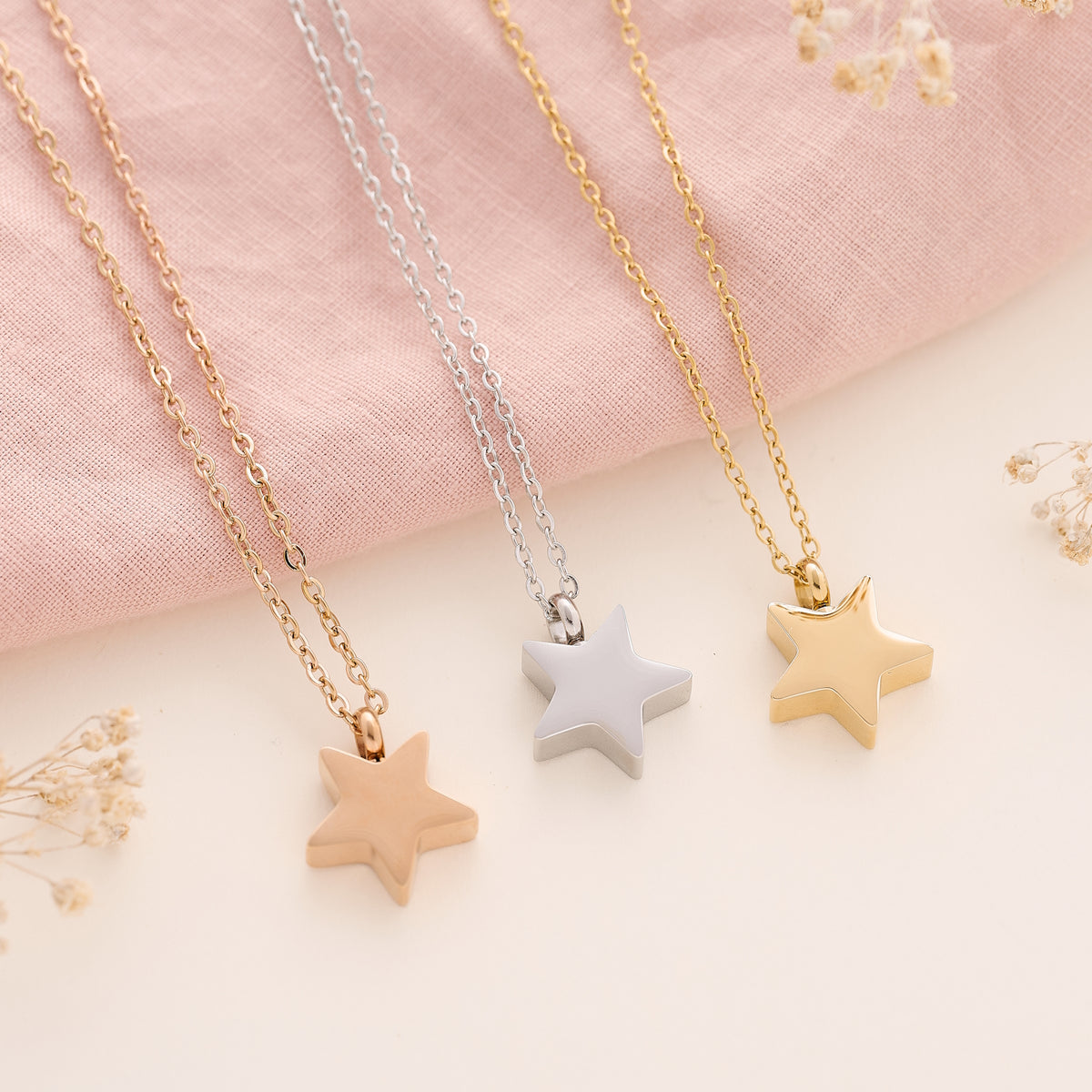 star cremation urn necklace  in silver, rose gold and gold