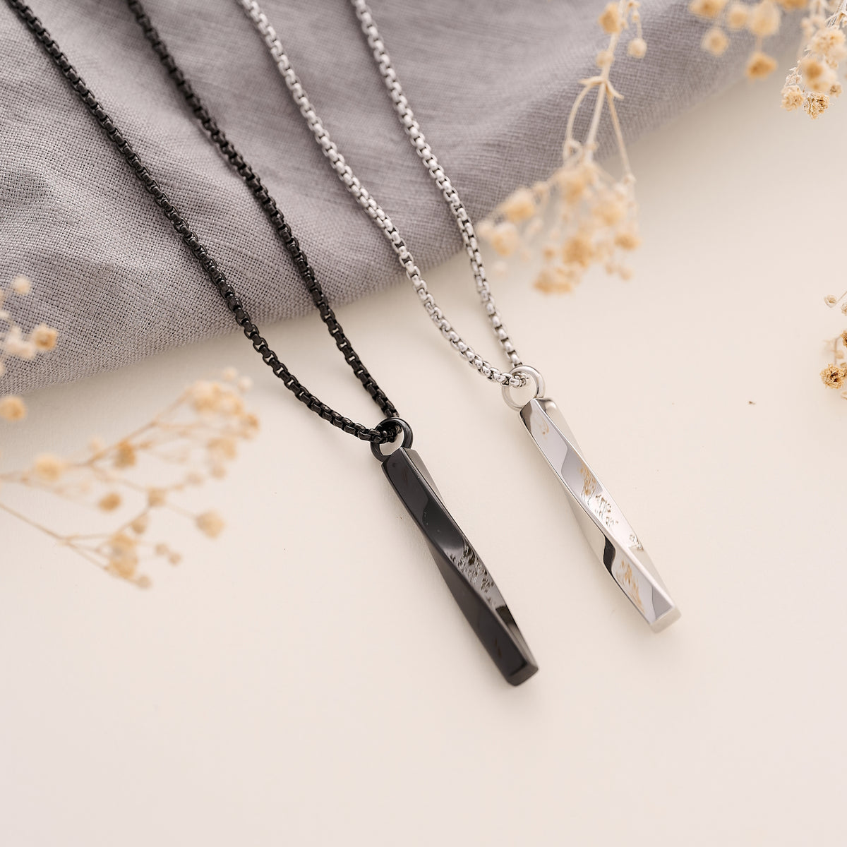 Men’s Twist Cremation Urn Necklace in Stainless Steel and black