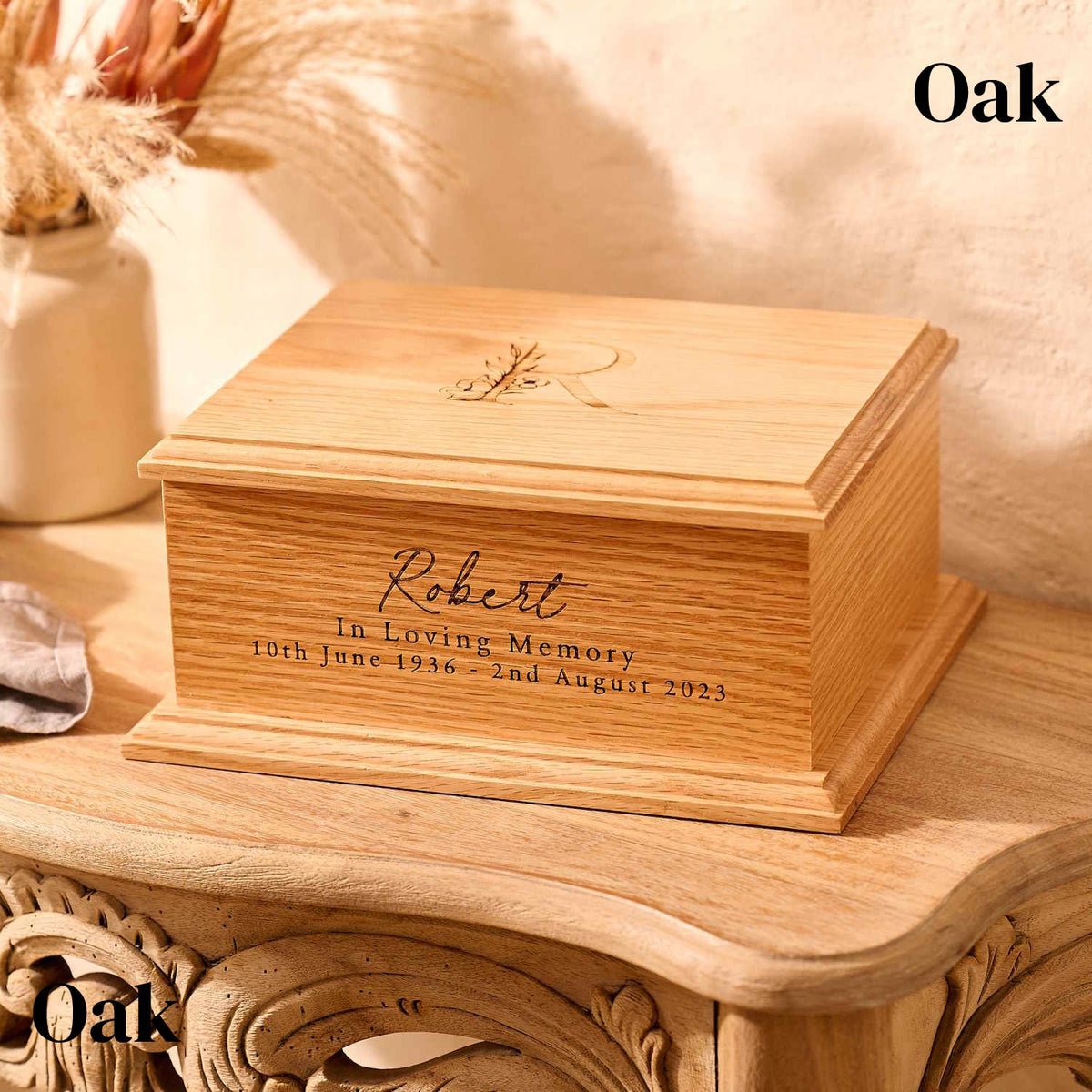 Personalised floral cremation urn made from oak wood