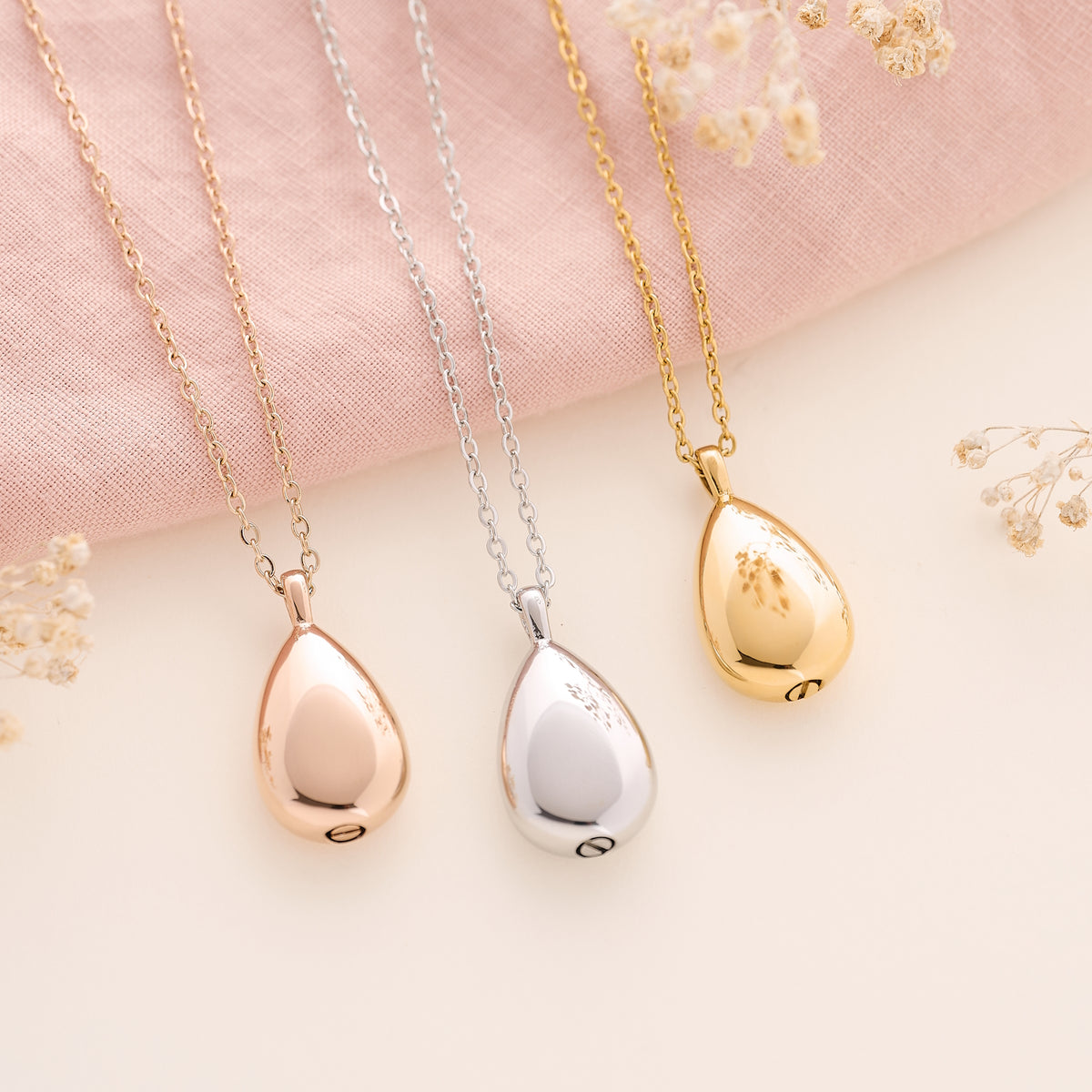 Women’s Teardrop Cremation Urn Necklace in silver, gold or rose gold