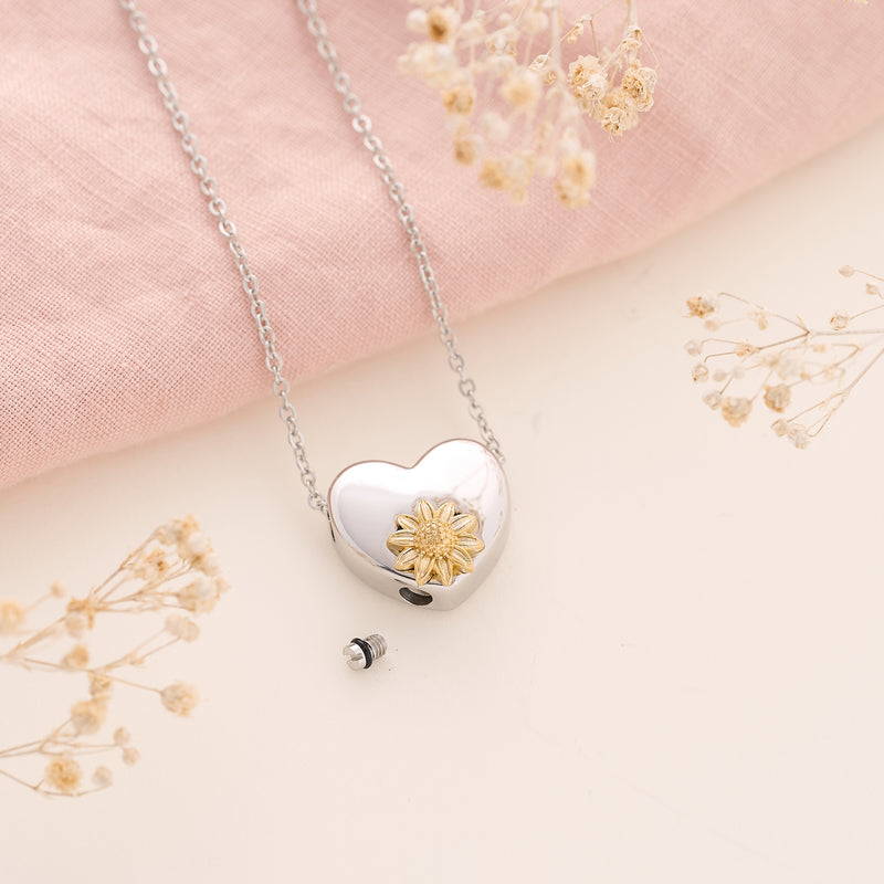 2. Memorial Cremation Necklace for Ashes with Flower and Heart Design