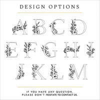 Black text and silhouettes of letters on a white background. The text reads: "design options - if you have any questions please don't hesitate to contact us". The silhouettes show letters of the alphabet A-M. The letters are all capitalised and all have a floral design woven around the letter. 