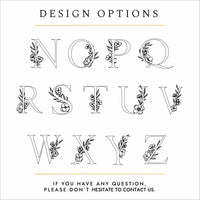 Black text and silhouettes of letters on a white background. The text reads: "design options - if you have any questions please don't hesitate to contact us". The silhouettes show letters of the alphabet N-Z. The letters are all capitalised and all have a floral design woven around the letter. 