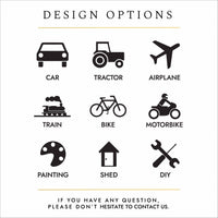 Black text and silhouettes of objects on a white background. The text reads: "design options - if you have any questions please don't hesitate to contact us". The silhouettes show design motif options for personalising cremation urns. The options are: car (front facing), tractor (side view), airplane (from underneath), steam train (side view), pedal bike, motor bike with helmeted rider, artist's paint pallette, shed or crossed screwdriver and spanner (representing a DIY enthusiast).